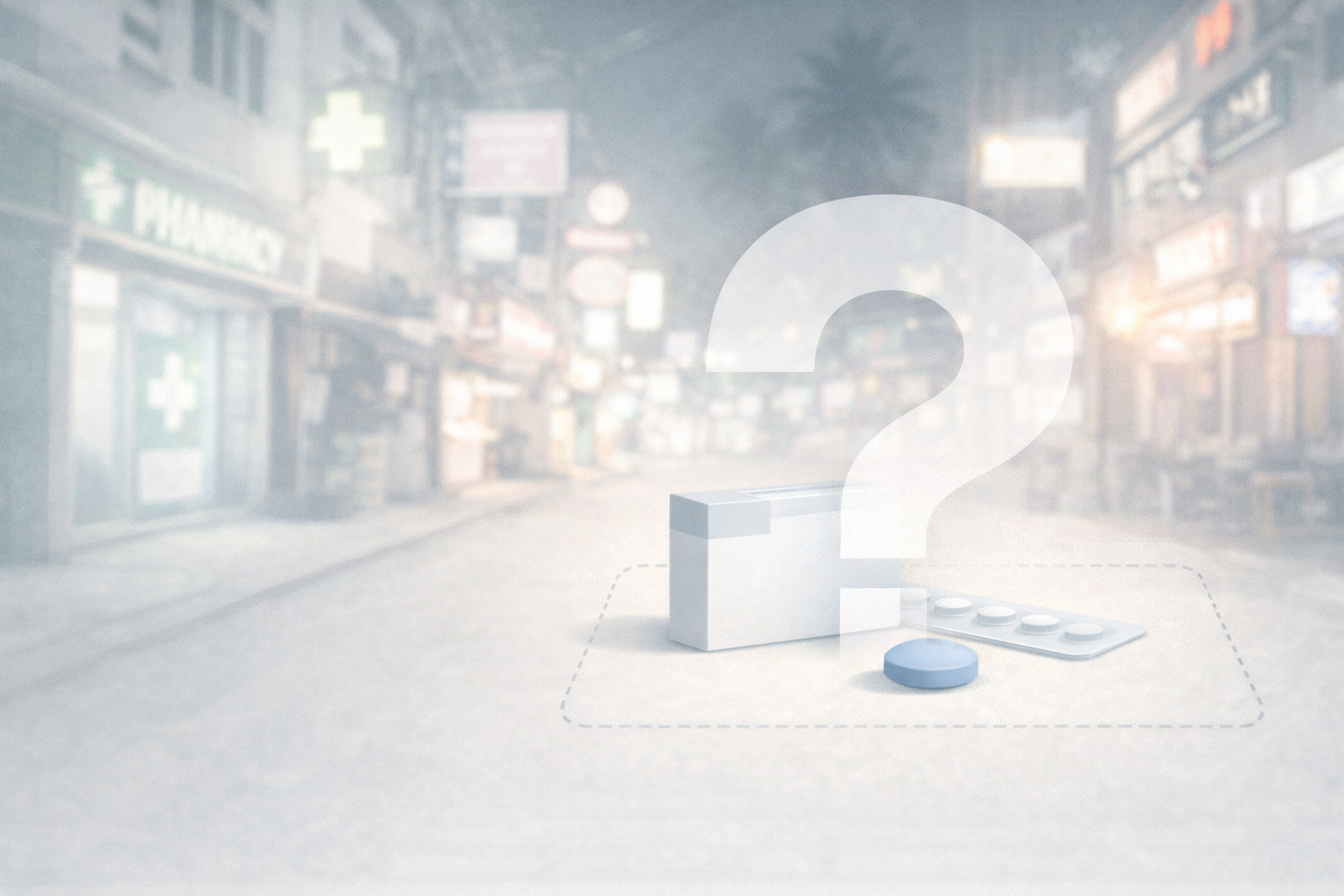 Pattaya street with visible pharmacies and nightlife, illustrating tourist exposure to erectile dysfunction medications and related safety concerns