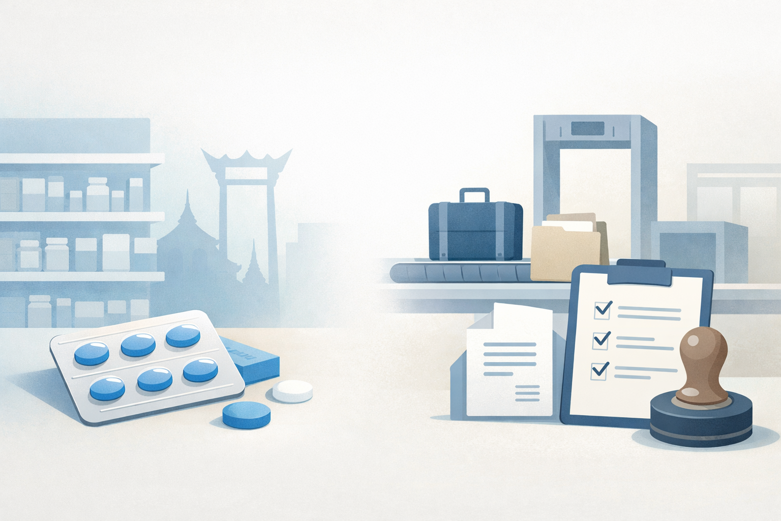 Educational illustration showing a Thailand pharmacy and airport customs context related to prescription medicine regulations and sildenafil legality.