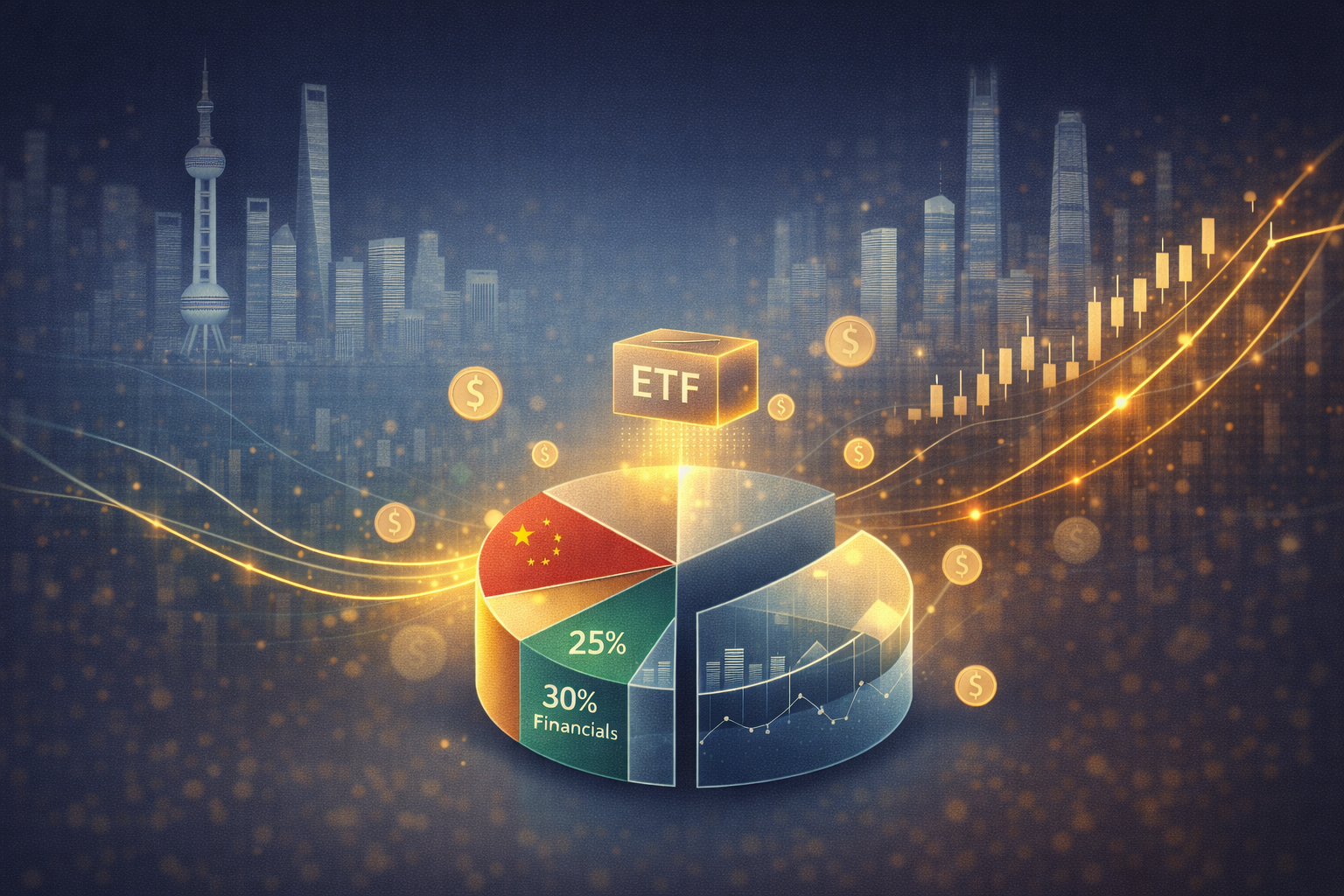 Professional financial illustration showing Shanghai skyline with upward-trending dividend yield charts and ETF fund structure visualization in navy blue and gold tones