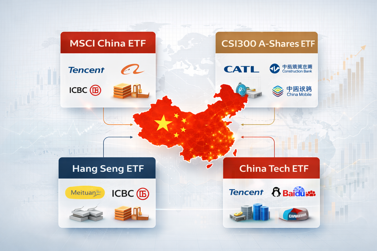 中国ETFおすすめランキング比較図（MSCI China・CSI300・ハンセン・中国テックETF）