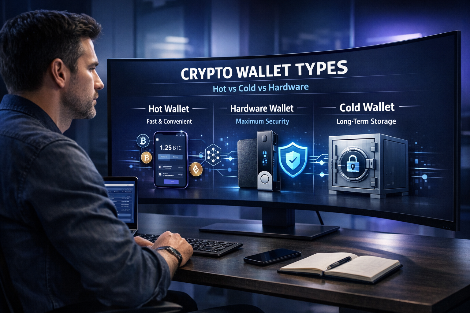 Crypto wallet types explained including hardware wallet, hot wallet, cold wallet and security comparison