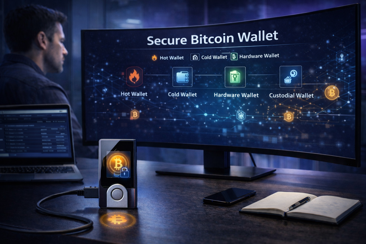 Secure bitcoin wallet concept showing hardware wallet protecting private key and BTC storage